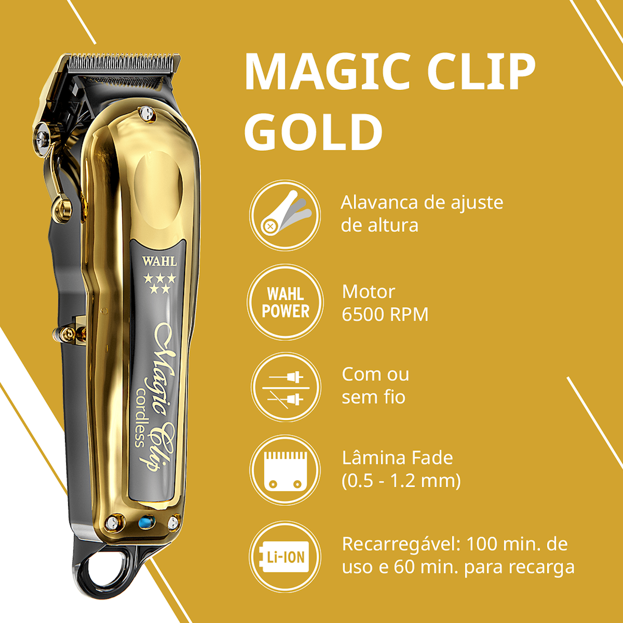 Máquina de Cortar Cabelo Profissional Wahl Magic Clip Gold Sem Fio